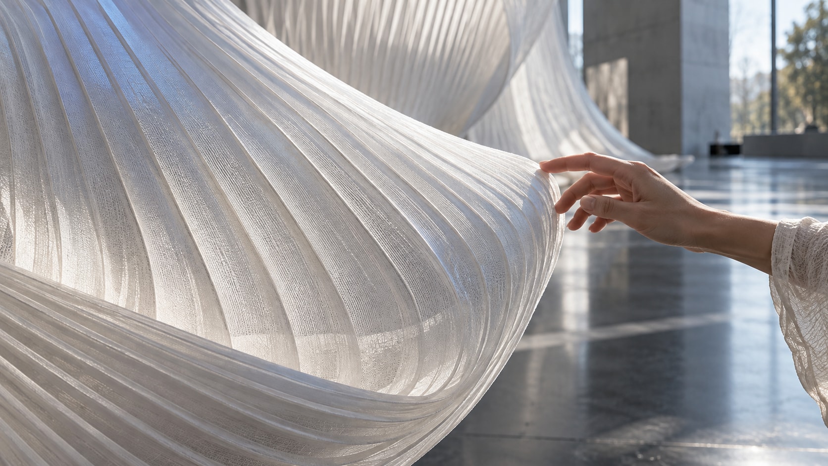 Concept close-up of a hand approaching a curved, translucent textile membrane, highlighting its fine weave, soft folds and reflected light.